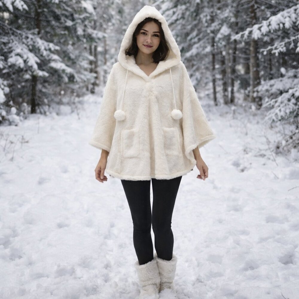 Charlie Paige white faux fur cape jacket pockets and hood Small to Large Sizing